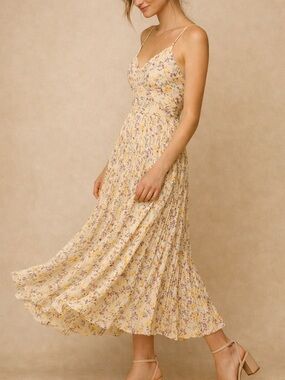 Lucy Paris Rose Yellow Floral Pleated Maxi Dress